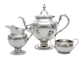 An American Silver Three-Piece Tea Service, Gorham Mfg. Co., Providence, RI, Puritan pattern, comprising a teapot, creamer and s