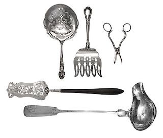 A Group of Four Silver Serving Articles, Various Makers, comprising an asparagus server, Gorham Mfg. Co.; a tomato server, Tiffa