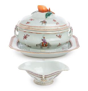 A Chinese Export Porcelain Covered Soup Tureen and Sauce Boat Width of underplate 14 3/4 inches.