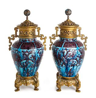 * A Pair of Chinese Gilt Bronze Mounted Porcelain Fahua Vases Height 25 1/2 inches.