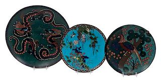 A Group of Three Cloisonne Chargers Diameter of largest 19 inches.