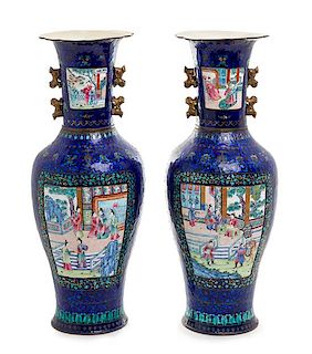 * A Pair of Large Canton Export Enamel Vases Height 18 inches.