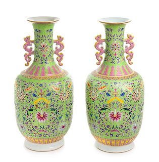 A Pair of Chinese Enameled Porcelain Vases Height 15 3/4 inches.