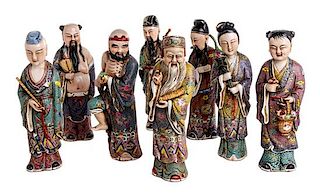A Group of Eight Chinese Enameled Porcelain Immortal Figures Height of tallest 10 1/4 inches.