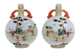 A Pair of Chinese Polychrome Pilgrim Jars Height 12 1/4 inches.