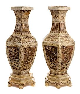 A Pair of Chinese Bone Veneered Vases on Stands Height 25 1/8 inches.