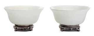 A Pair of Carved White Peking Glass Bowls Diameter 9 inches.