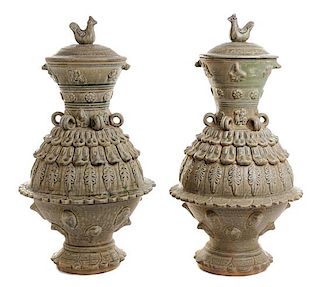 A Pair of Chinese Celadon Glazed Porcelain Jars Height 22 inches.