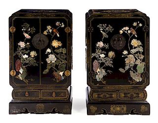 A Pair of Chinese Stone Inset Lacquered Cabinets Height 42 x width 26 x depth 16 inches.