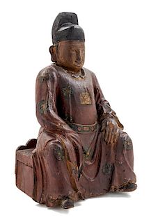 A Chinese Lacquered Carved Wood Figure Height overall 18 inches.