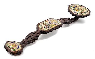 * A Chinese Cloisonne Inset Carved Hardwood Ruyi Scepter Length 22 1/2 inches.