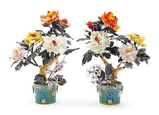 A Pair of Chinese Hardstone Floral Arrangements Height 16 1/2 inches.