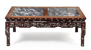 A Chinese Marble-Inset and Mother-of-Pearl Inlaid Low Table Height 18 x width 48 1/2 x depth 16 inches.