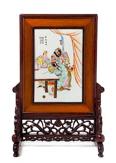 A Chinese Porcelain Plaque and Stand Height of plaque 15 1/4 x width 20 1/4 inches.