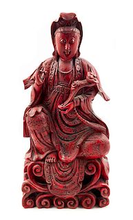 * A Painted Wood Figure of Guanyin Height 36 inches.