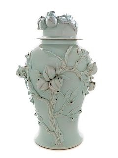 * A Large Celadon Porcelain Vase and Cover Height 33 inches.