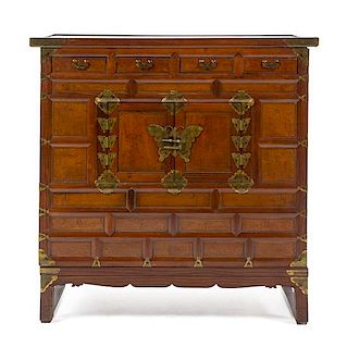 A Korean Brass Mounted Elmwood Cabinet Height 37 3/4 x width 38 x depth 17 3/4 inches.