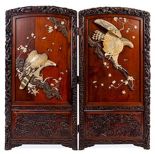 * A Japanese Inlaid Carved Hardwood Two-Panel Screen Height 74 x width of each panel 37 1/4 inches.