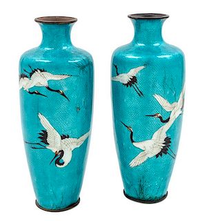 * A Pair of Japanese Cloisonne Vases Height 12 inches.
