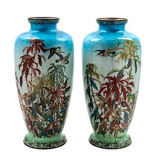 * A Pair of Large Japanese Cloisonne Vases Height 24 inches.