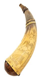 * An American Folk Decorated Powder Horn Length 11 1/2 inches.