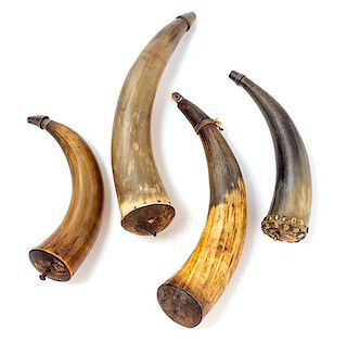 * Four American Powder Horns Length of longest 13 1/2 inches.