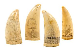 * Four Engraved Scrimshaw Whale Teeth Height of tallest 5 3/4 inches.