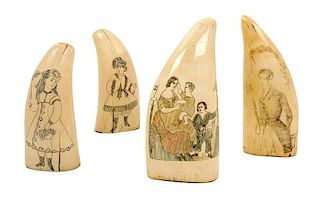 * Four Engraved Scrimshaw Whale Teeth Length of longest 5 7/8 inches.