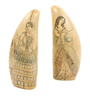 * A Pair of Colored and Engraved Scrimshaw Whale Teeth Height of tallest 6 inches.
