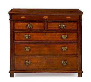 An American Oak and Marquetry Chest of Drawers Height 38 1/4 x width 43 1/4 x depth 20 1/2 inches.