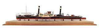 * A Model of the Side Wheel Tug Munchen Height of model 14 x length of base 58 5/8 inches.