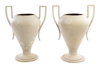 A Pair of Large Painted Iron Garden Urns Height 36 1/4 inches.