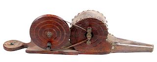 CABLE DRIVEN 19TH CENTURY WOOD AND BRASS BELLOWS