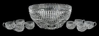 Libbey Brilliant Period Cut Glass Punch Bowl, Cups
