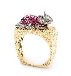 A 14 Karat Gold, Ruby and Tsavorite Mouse Ring, 7.10 dwts.
