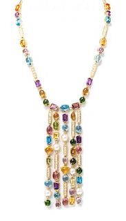 An 18 Karat Yellow Gold, Diamond, Cultured Pearl and Multi Gem Fringe Necklace, 42.30 dwts.