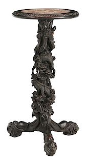 Chinese Carved Hardwood and Marble Pedestal