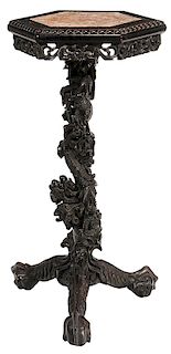 Chinese Carved Pedestal with Marble Inset
