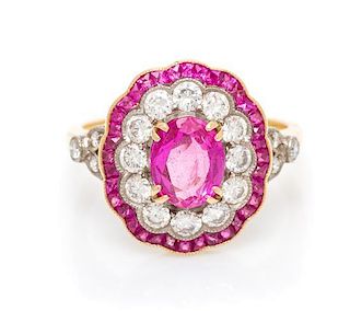 A 14 Karat Yellow Gold, Diamond and Pink Sapphire Ring, 2.80 dwts.