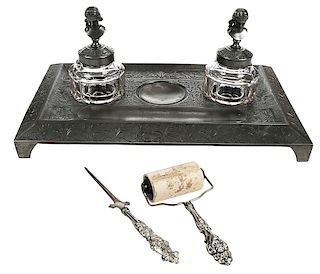 Cast Iron Desk Set With Glass Inkwells