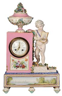 Porcelain Mantel Clock with Putti and Flowers