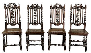 Two Pairs Jacobean Style Carved Oak Side Chairs