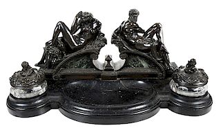 Patinated Bronze and Marble Figural Inkwell