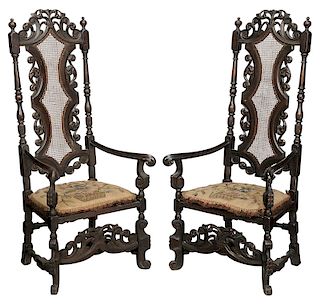 Pair of Flemish Baroque Style Caned Arm Chairs
