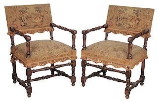 Pair of Baroque-Style Walnut Open Arm Chairs