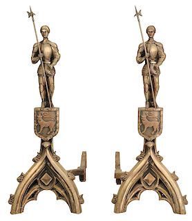 Large Pair of Gothic-Style Bronze Andirons