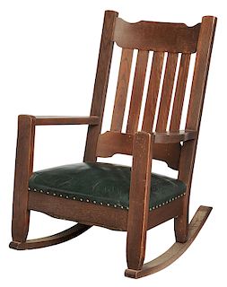 Arts and Crafts Oak and Leather Rocking Chair