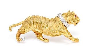 An 18 Karat Gold, Diamond and Ruby Tiger Brooch, Tiffany & Co., 11.00 dwts.