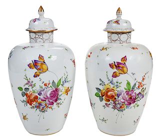 Pair German Hand Painted Porcelain Lidded Jars 