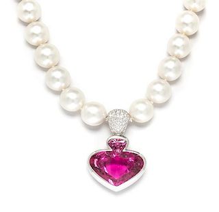 An 18 Karat White Gold, Pink Tourmaline, Diamond and Cultured South Sea Pearl Necklace,